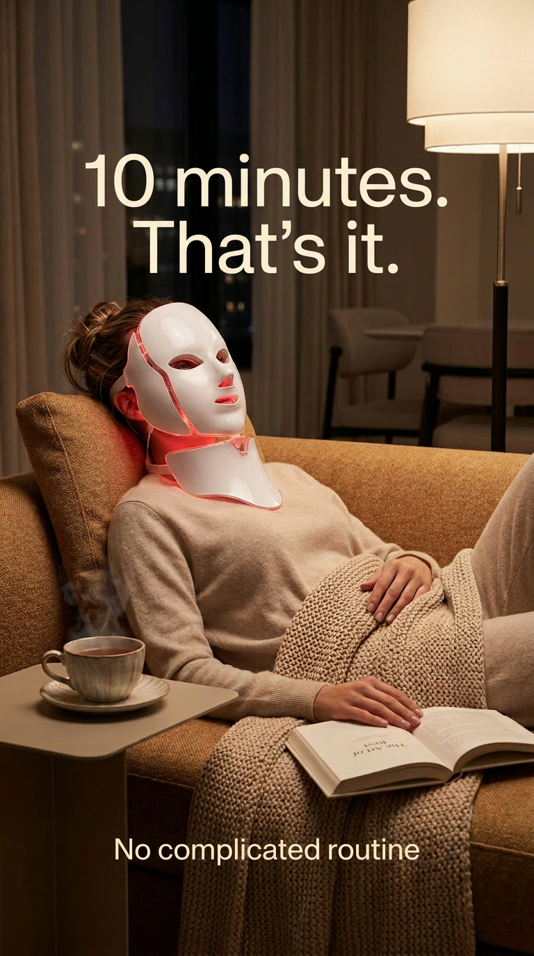 Simple skincare routine using at-home LED light therapy mask for glowing skin