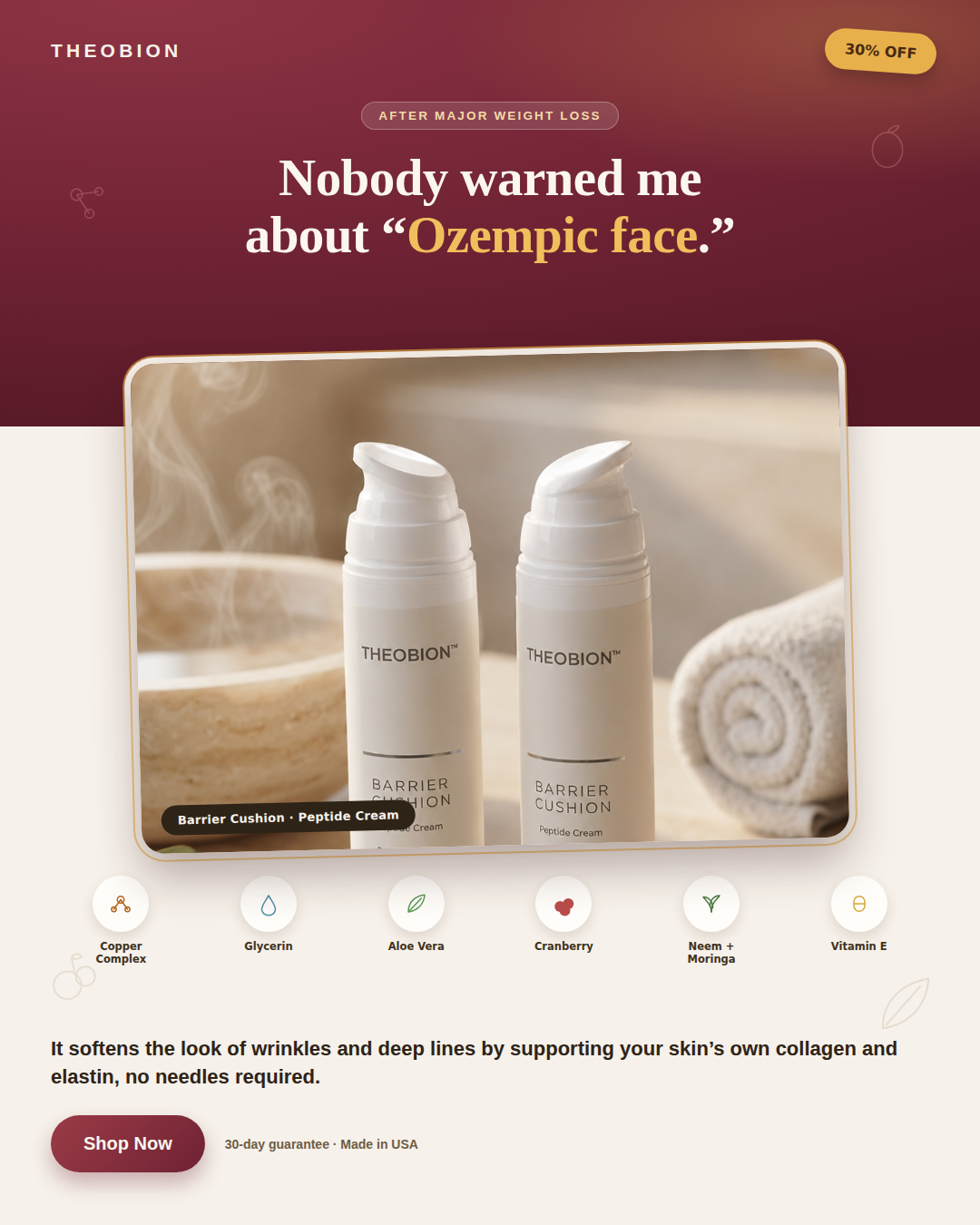 Theobion Barrier Cushion skincare — ozempic face blog featured image showing two white peptide cream pumps on a warm beige spa background