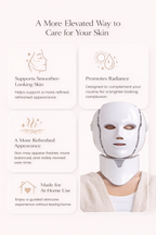 Person wearing a white facial mask with text about skincare benefits on a white background