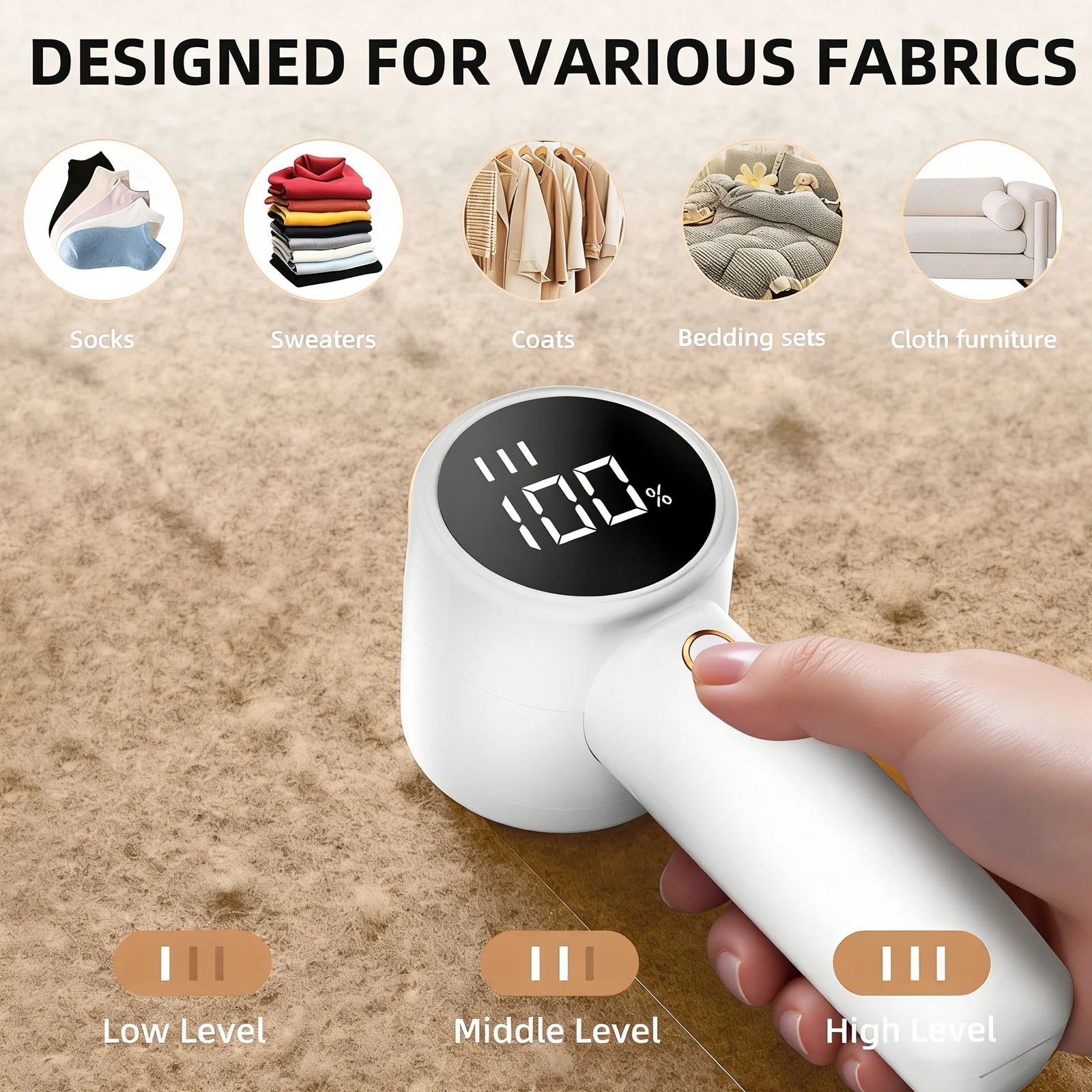 Fabric Shaver, Lint Remover Rechargeable, Electric Portable Sweater Defuzzer with 3 Speeds, 6 Leaf Blades, Digital LED Display to Remove Pilling for Clothes, Furniture, Sweater, Couch, Blanket