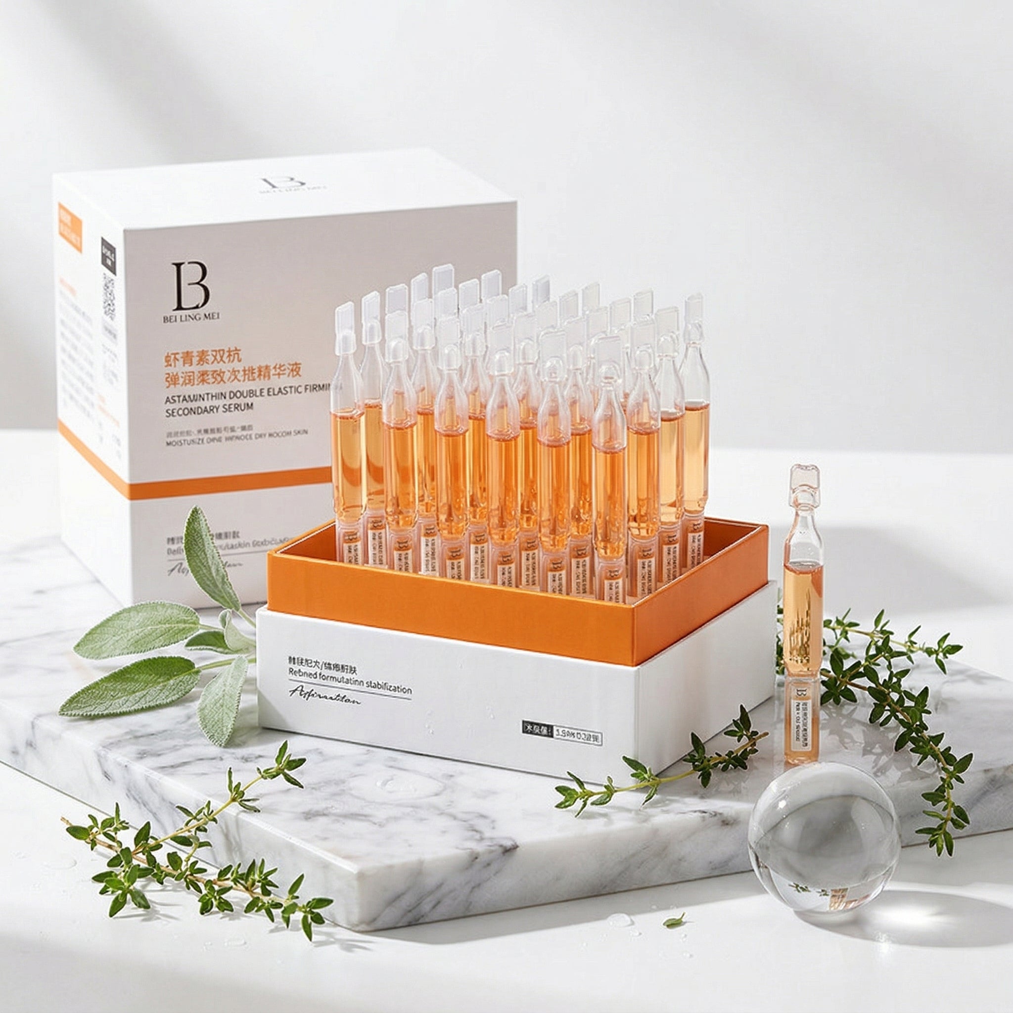 Cosmetic ampoules in a box with a branded box on a marble surface.