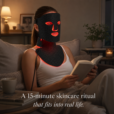 Person wearing a LED face and neck mask while reading a book in a cozy living room.