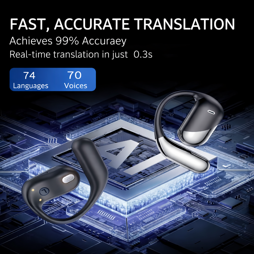 Wireless earbuds with text about fast, accurate translation on a digital background