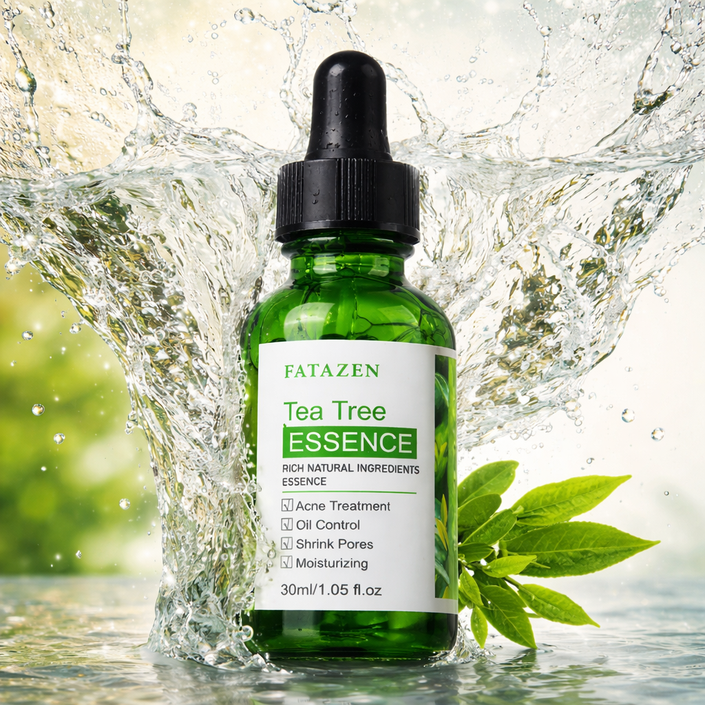 Green bottle of Fatazen Tea Tree Essence with water splash and leaves in the background