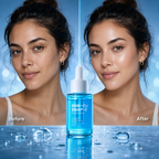 Before and after comparison of a woman's face with a bottle of serum labeled 'CHK-Cu SNAP-8' on a blue background.