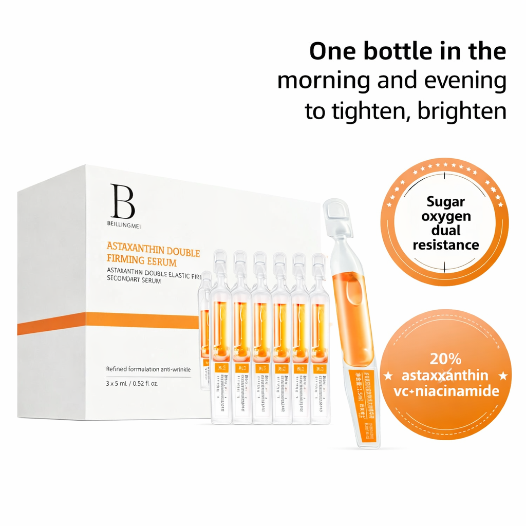 Bellmein astaxanthin double elastic firming serum packaging with ampoules and box on a white background.