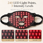 LED face mask with 240 light points and adjustable intensity levels on a beige background.