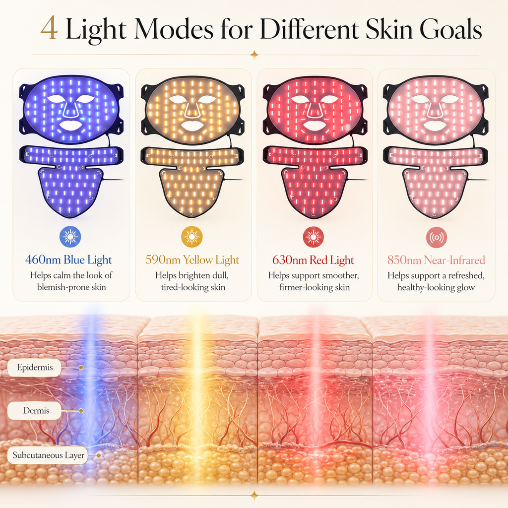 Light therapy device with four light modes for different skin goals, shown with a cross-section of skin layers.