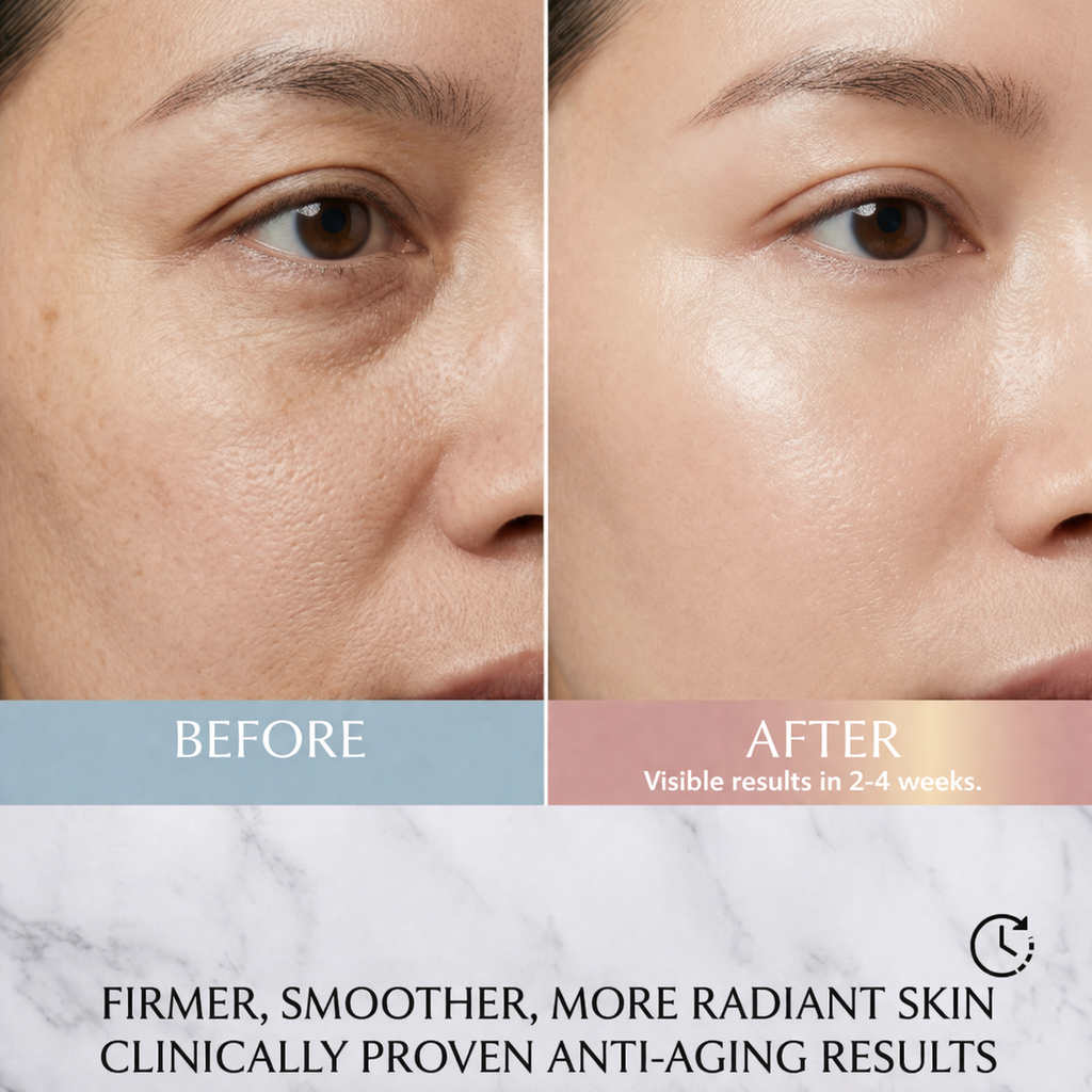 Before and after comparison of skin texture with text indicating visible results in 2-4 weeks.