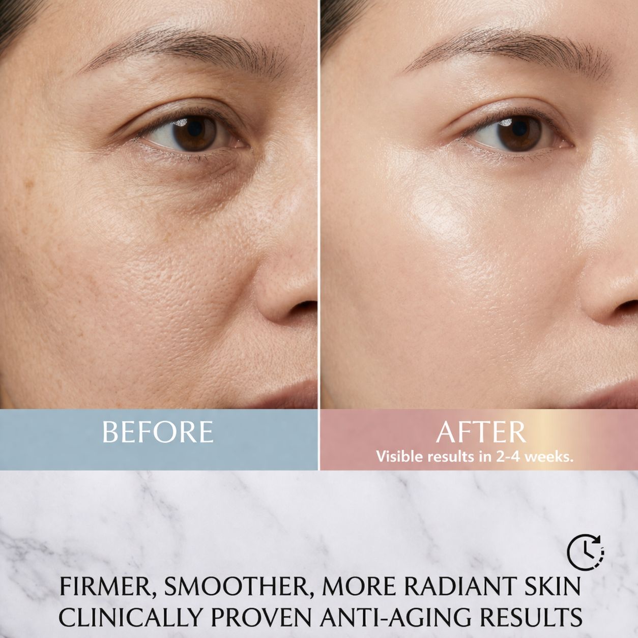 Before and after comparison of skin texture with text indicating visible results in 2-4 weeks.