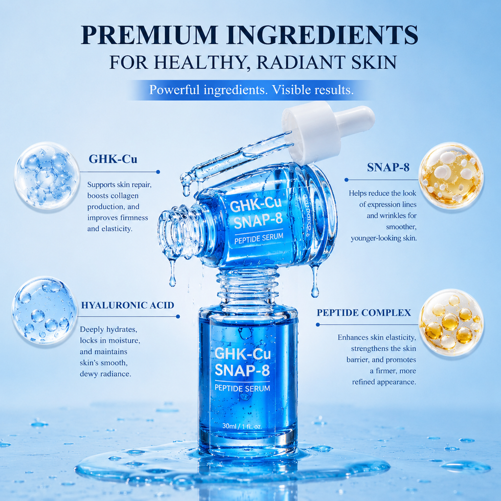 GHK-Cu SNAP-8 Peptide Serum bottle with premium ingredients for healthy skin on a blue background