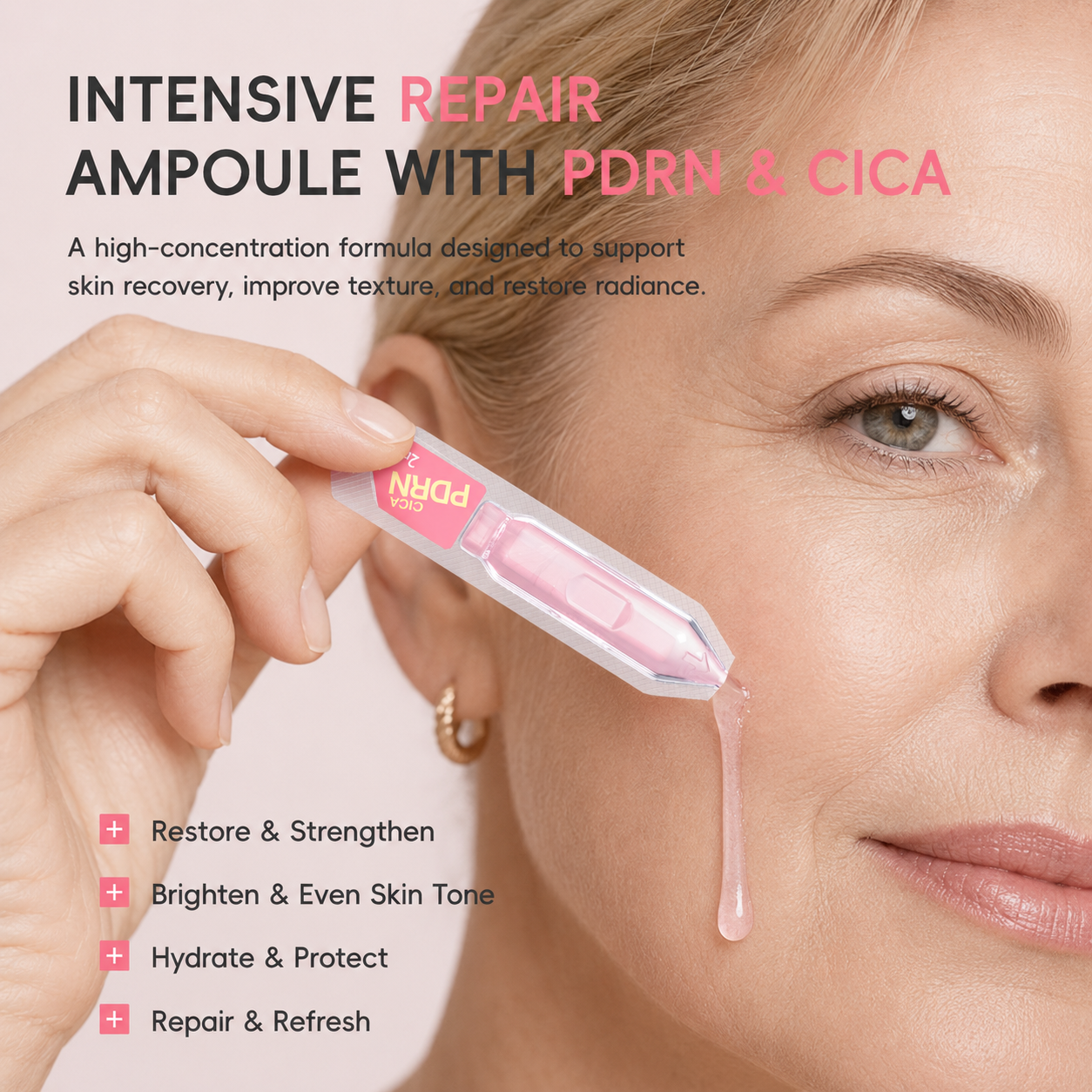 Woman applying an intensive repair ampoule with PDRN & CICA to her face.