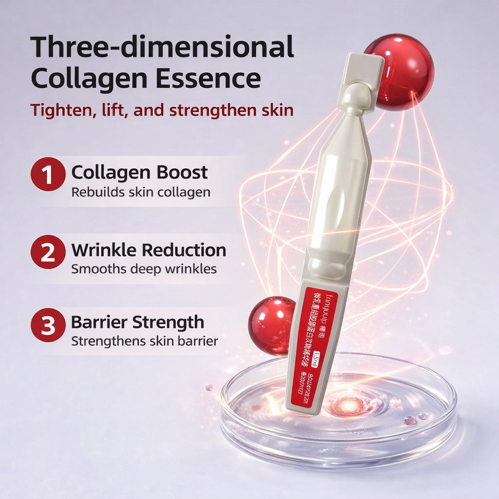 Three-dimensional collagen essence product with benefits listed on a light gray background