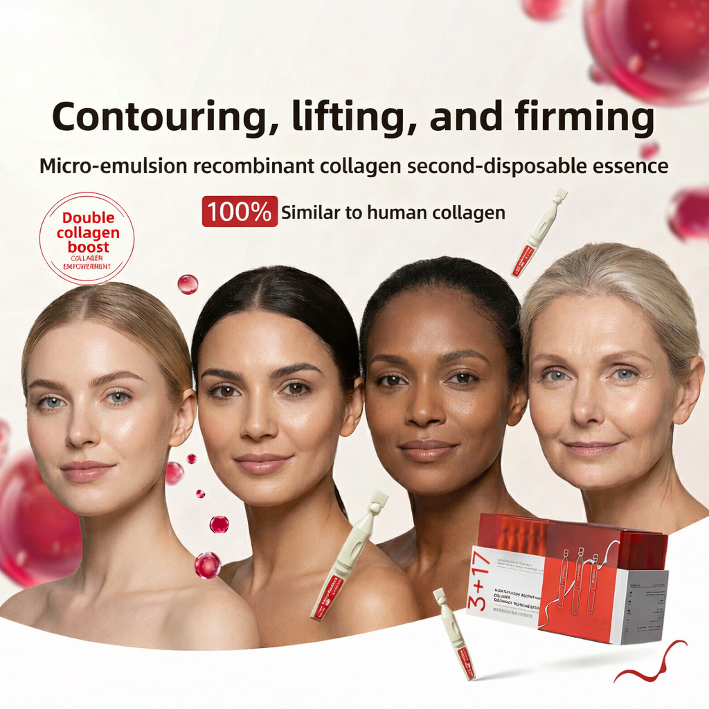 Advertisement for a skin care product with four women's faces and packaging on a white background.