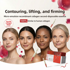 Advertisement for a skin care product with four women's faces and packaging on a white background.