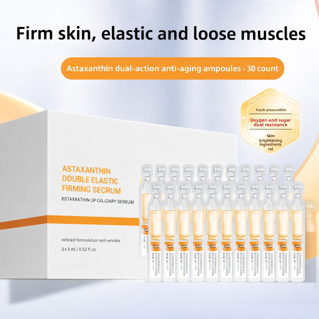 Astaxanthin dual-action anti-aging ampoules packaging with text on a light blue background