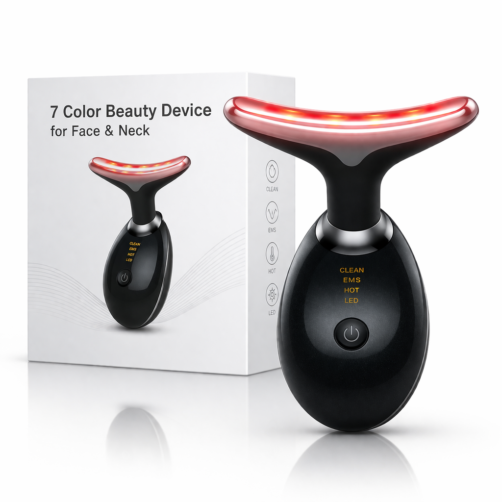Beauty device for face and neck with red light on a white background