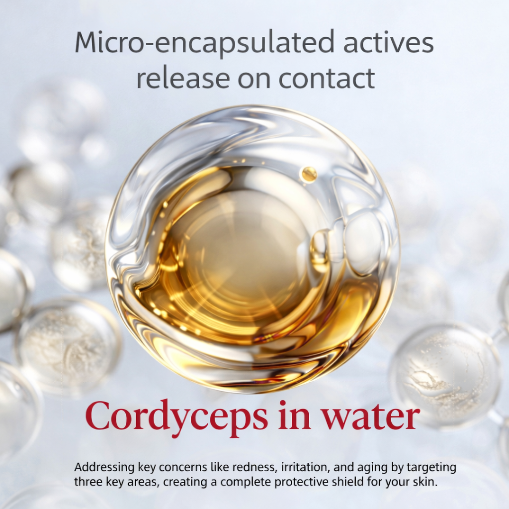 Micro-encapsulated Cordyceps in water with text about its benefits.