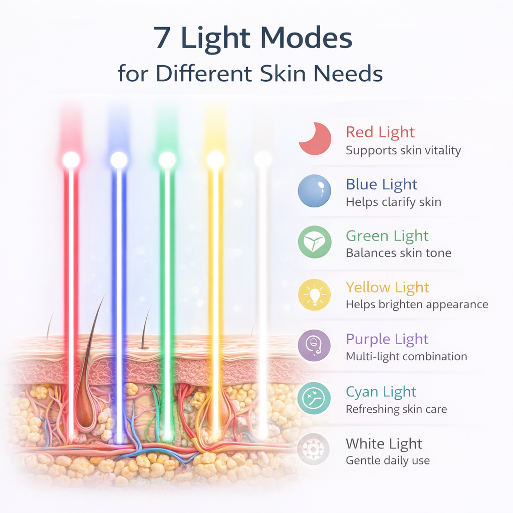 Diagram of 7 light modes for different skin needs with corresponding colors and effects.