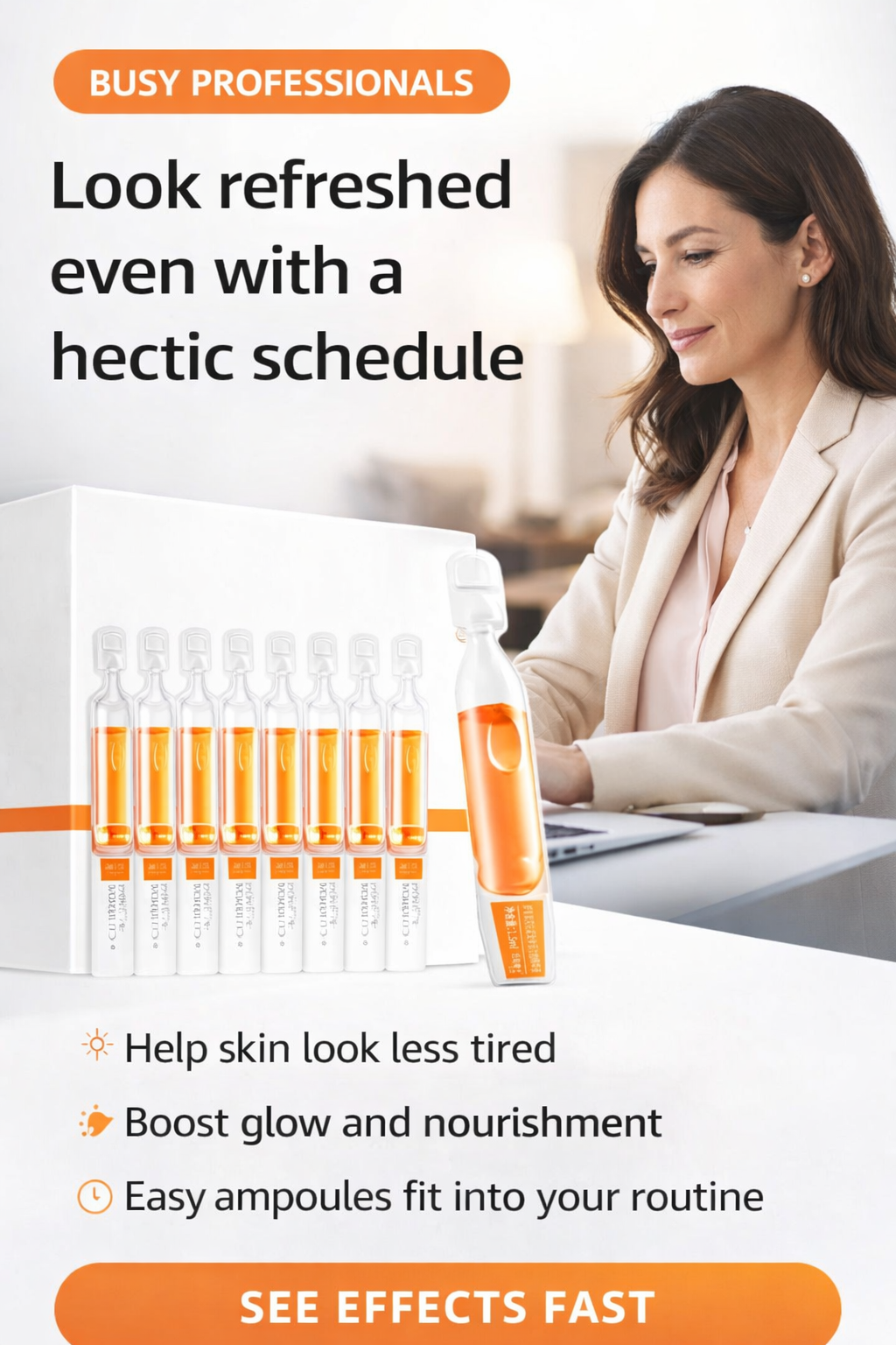 Product advertisement for ampoules with a woman working in the background