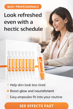 Product advertisement for ampoules with a woman working in the background