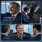 Collage of a man using live translation technology in a business setting with text labels.