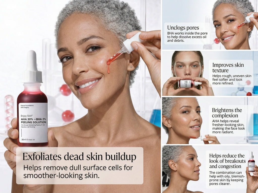 Woman applying skincare product with text highlighting benefits on a white background