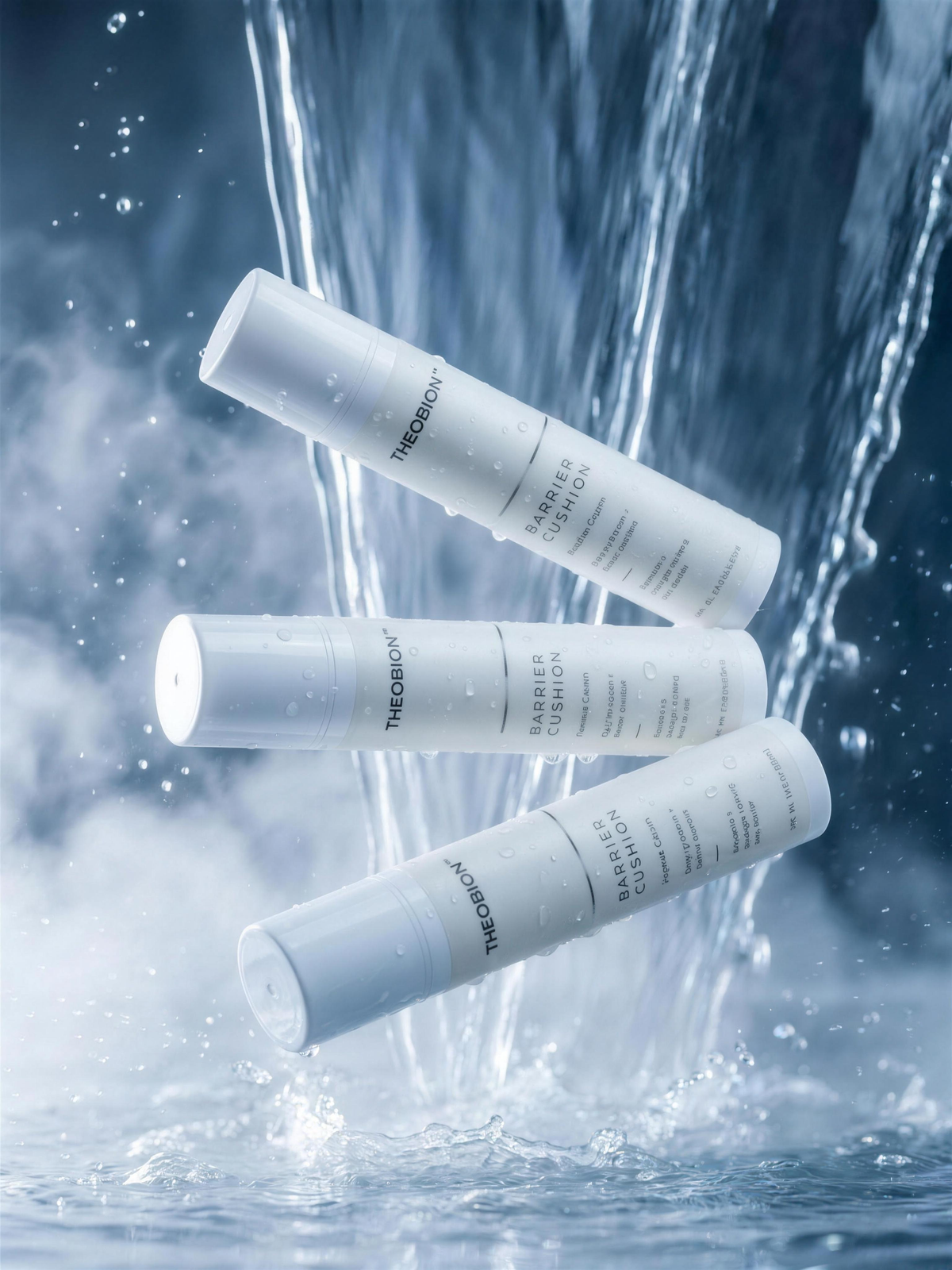 Four white cylindrical skincare bottles labeled 'THECURE' floating in mid-air against a dramatic water-splashing background.