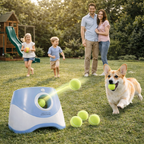 Family playing with a dog and a ball launcher in a backyard