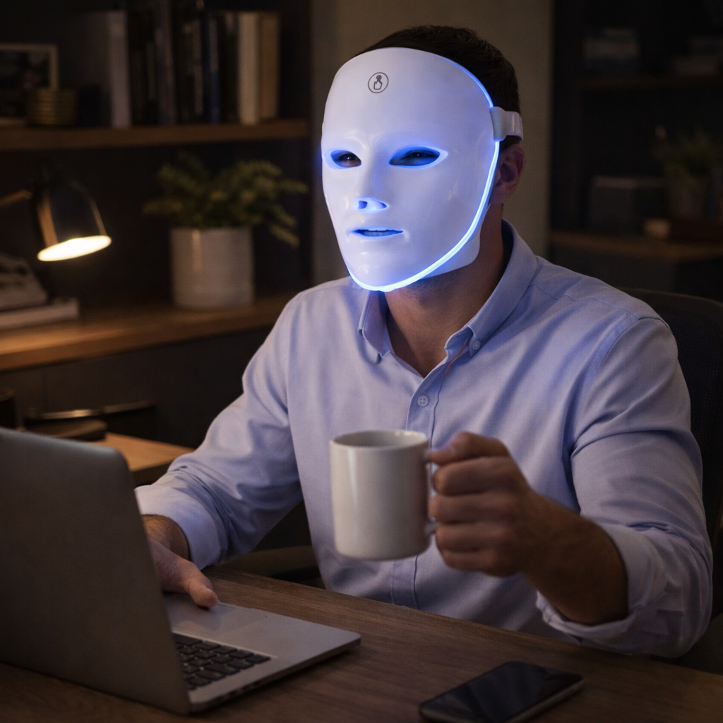 Person wearing a LED face mask in a dimly lit room, holding a mug and using a laptop.