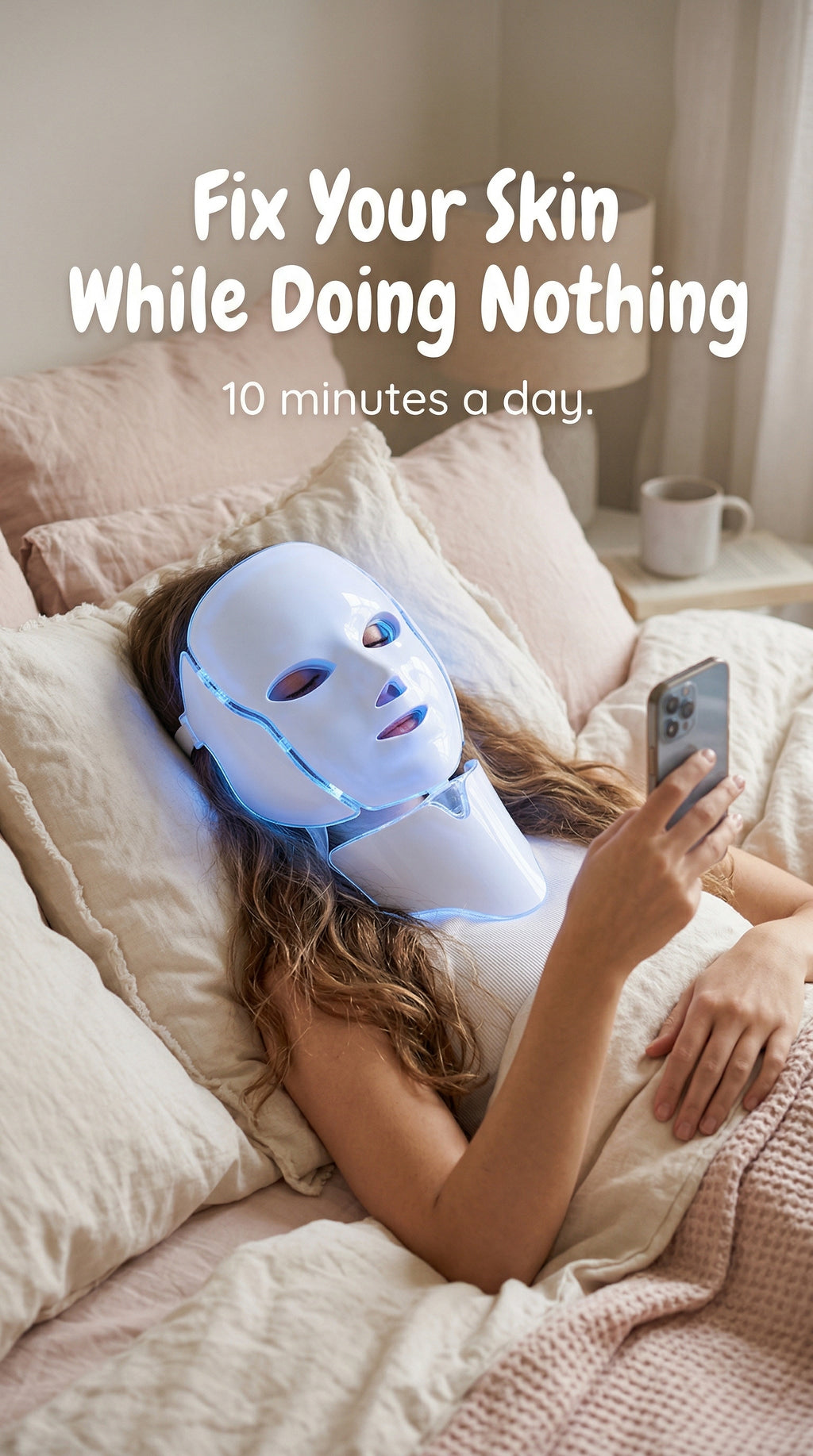 Person using a LED face mask in bed with text 'Fix Your Skin While Doing Nothing 10 minutes a day.'