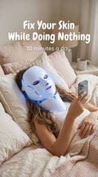Person using a LED face mask in bed with text 'Fix Your Skin While Doing Nothing 10 minutes a day.'
