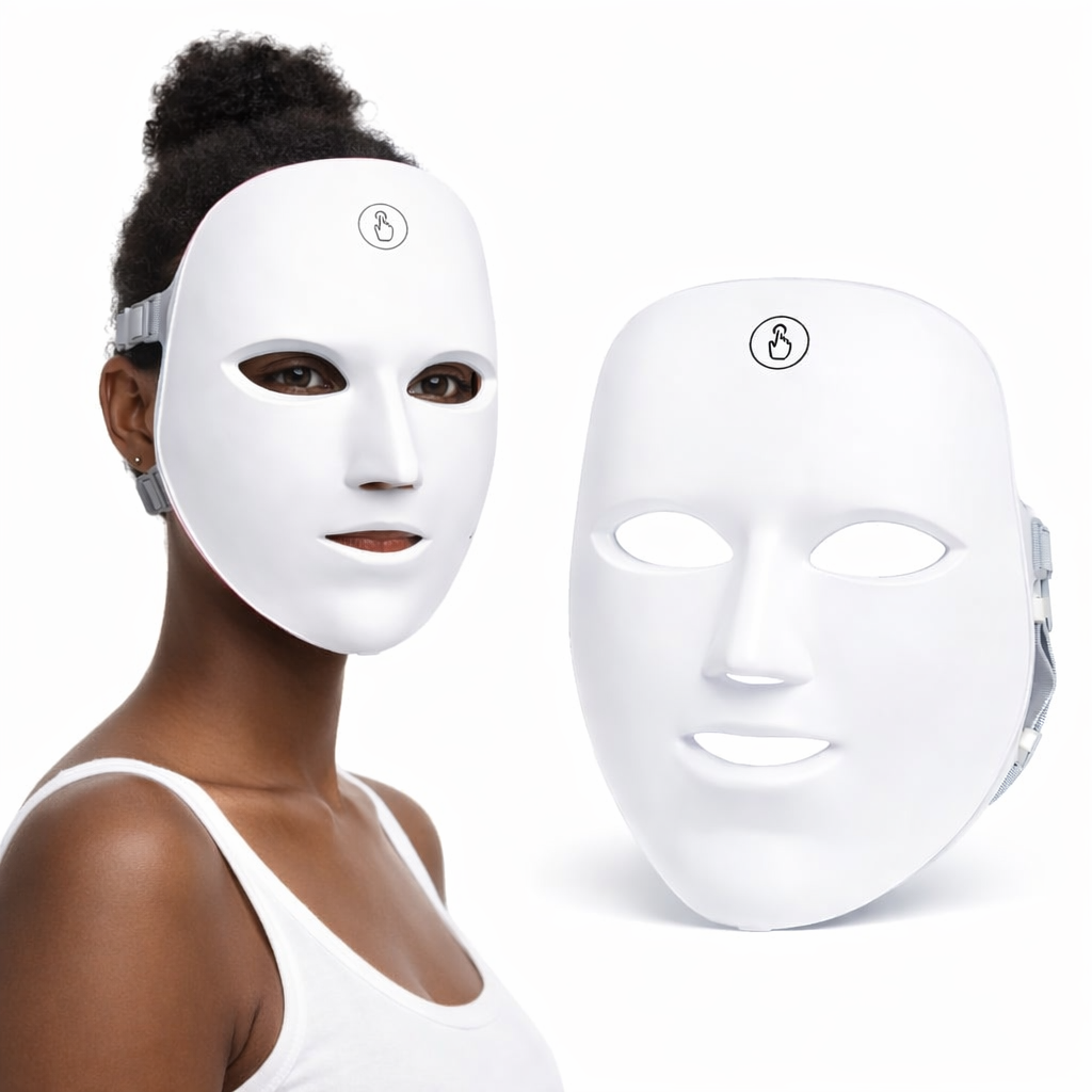 Woman wearing a white LED face mask with another mask displayed on a white background.