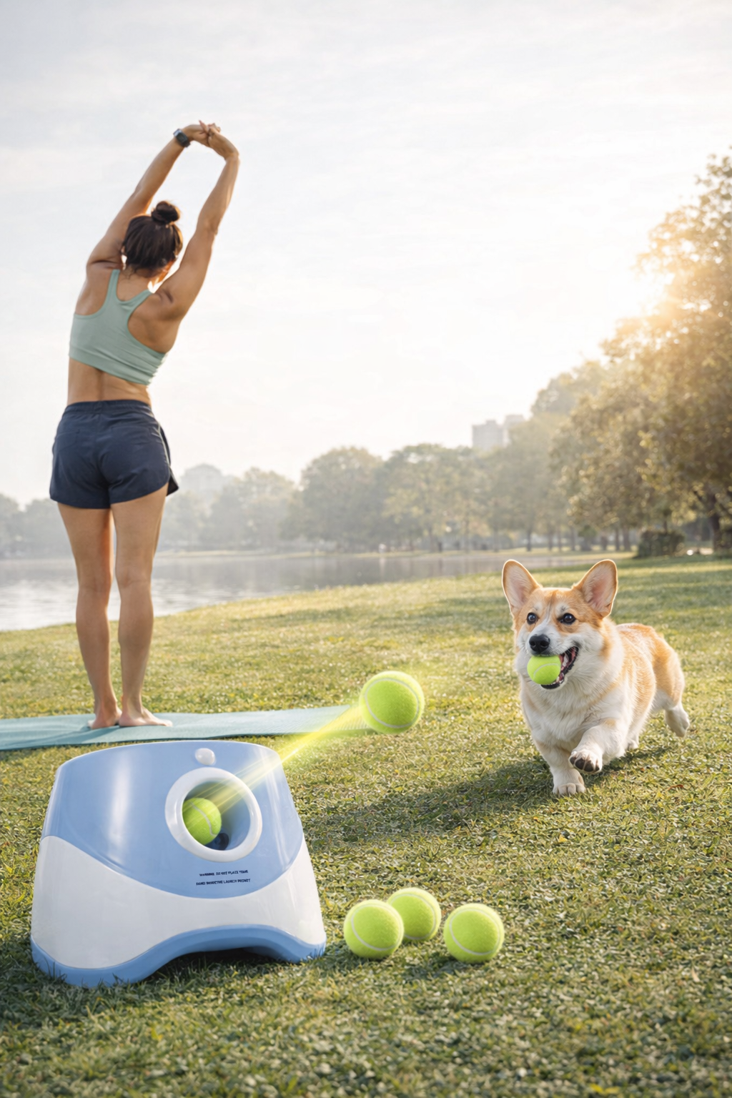 Woman stretching with a dog playing with a ball on a grassy field