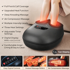Foot and calf massager with features listed on a light background