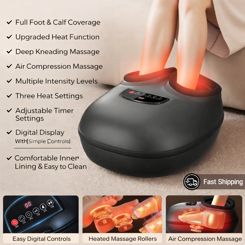 Foot and calf massager with features listed on a light background