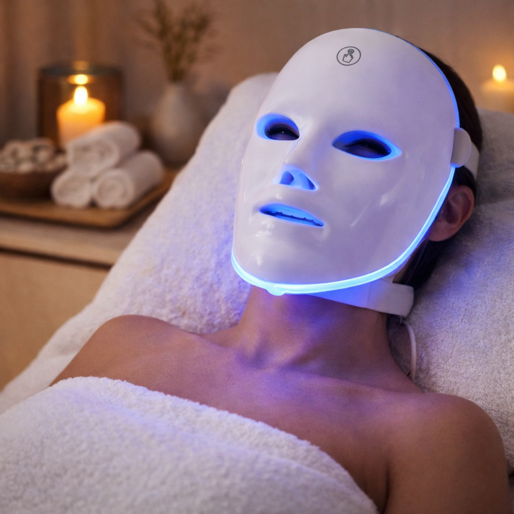 Person receiving LED facial mask treatment in a spa setting