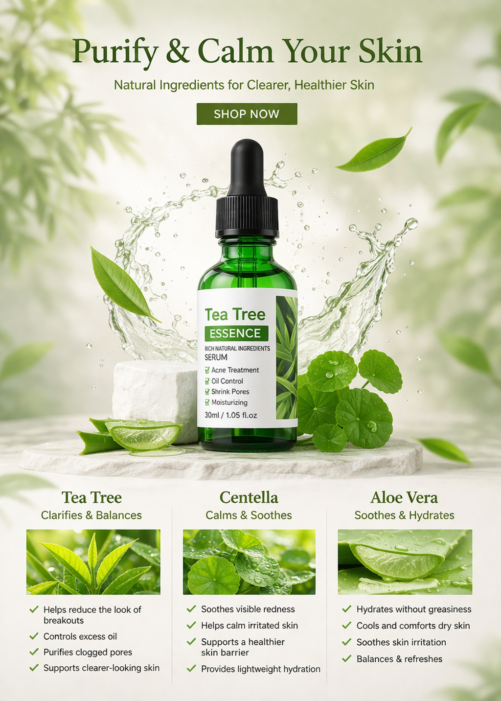 Tea tree essence serum bottle with natural ingredients on a green background