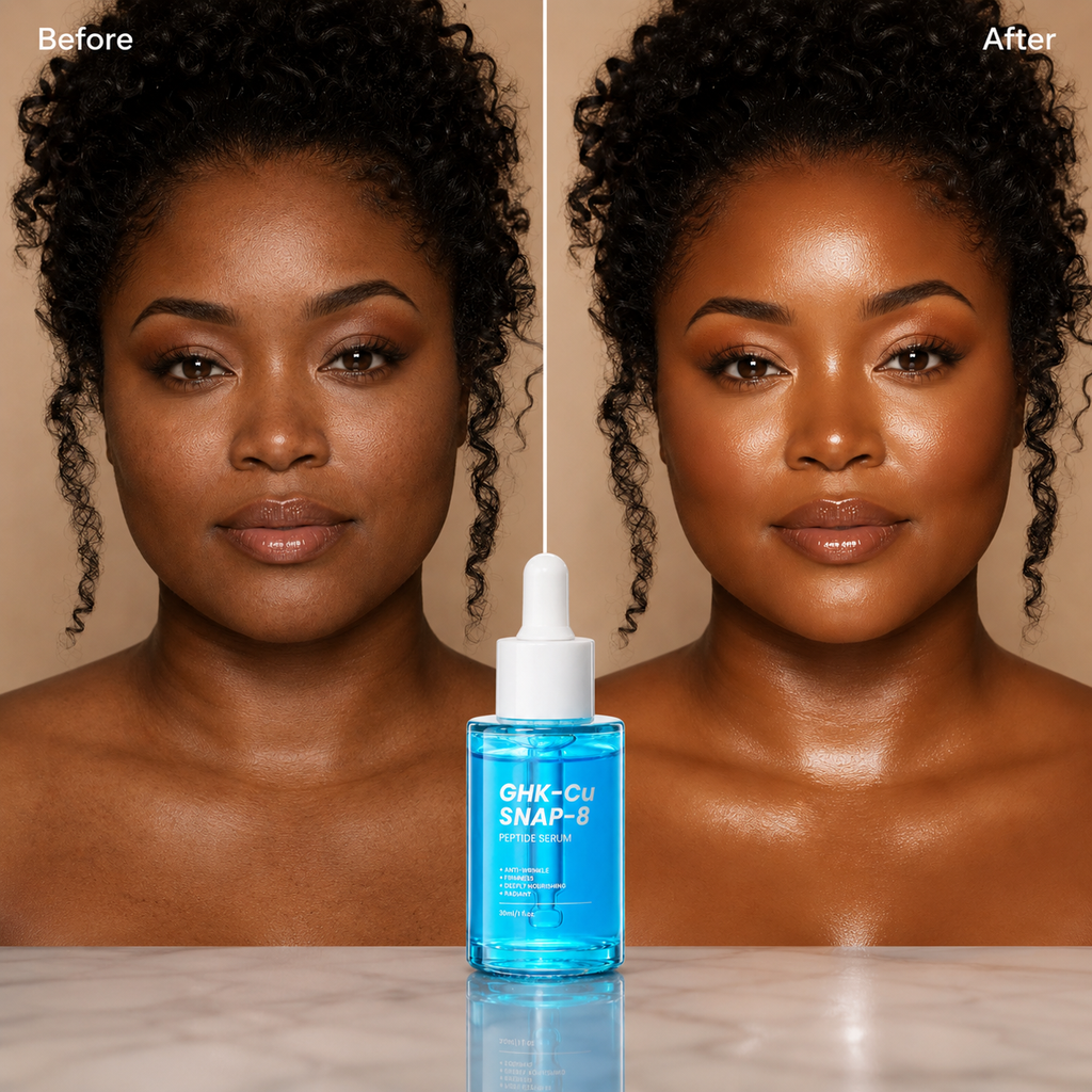 Before and after comparison of a woman's face with a bottle of serum in the foreground.
