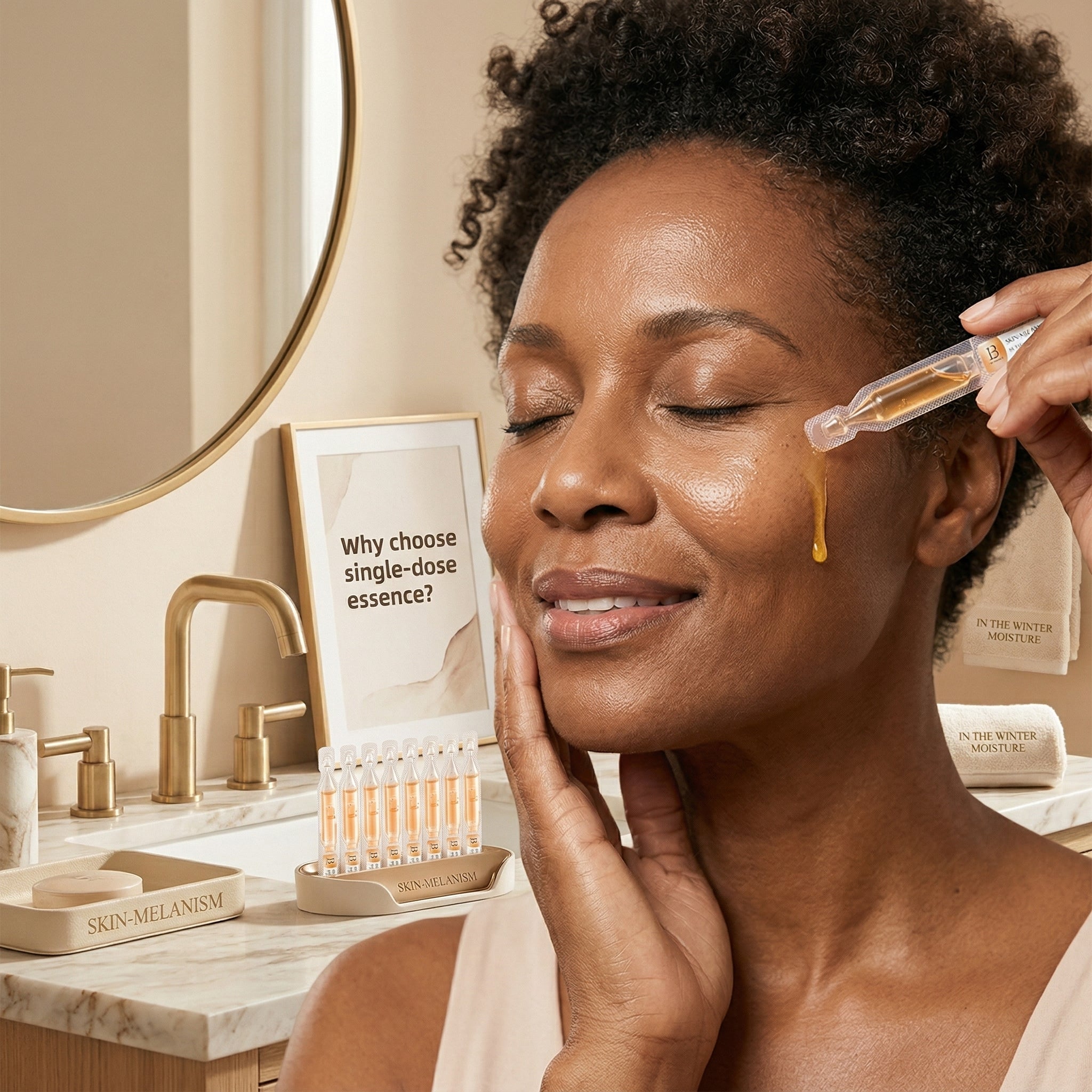 Woman applying a skincare product to her face with a mirror and skincare items in the background