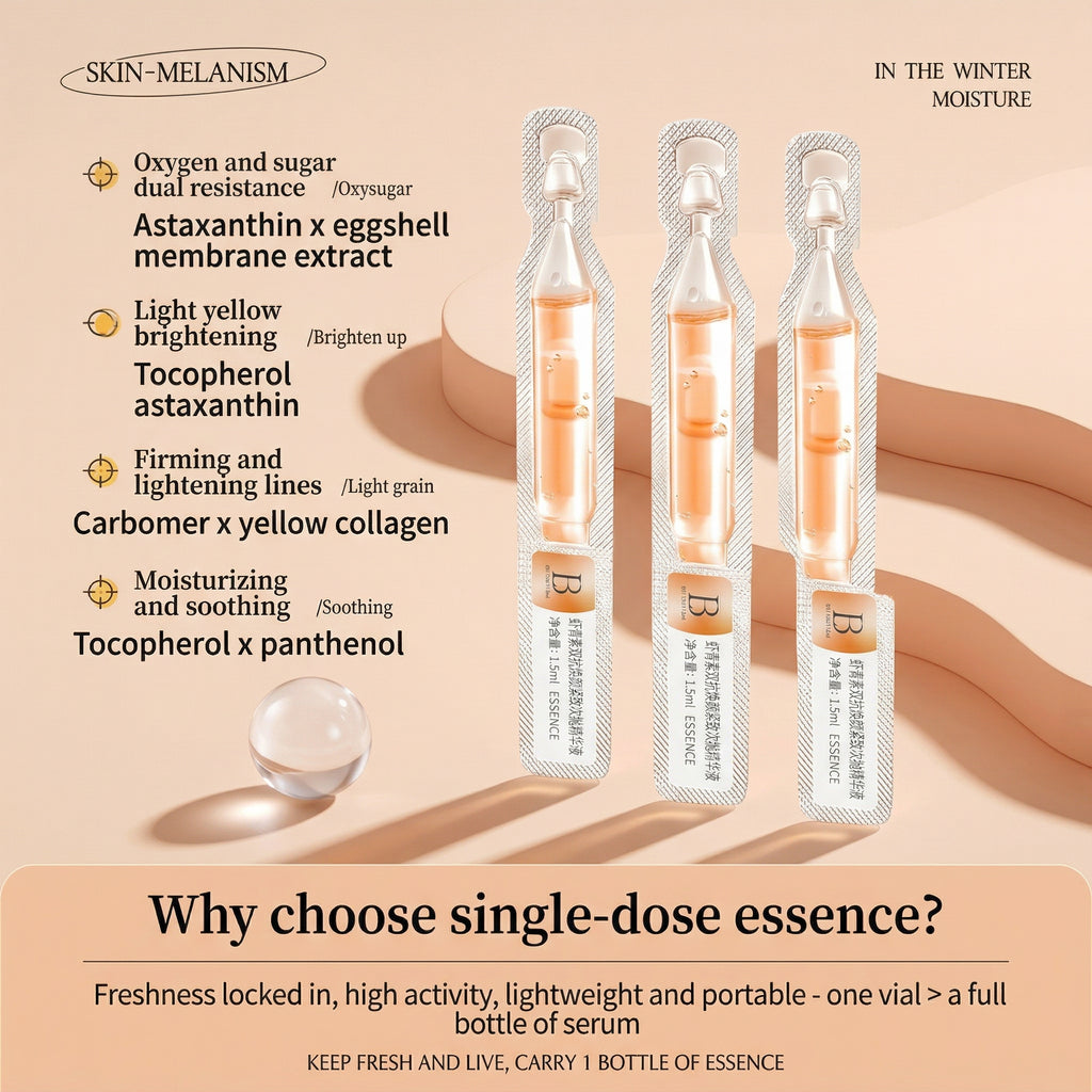Three vials of skincare essence with product details on a beige background