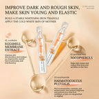 Skincare product packaging with ingredients and benefits on a beige background