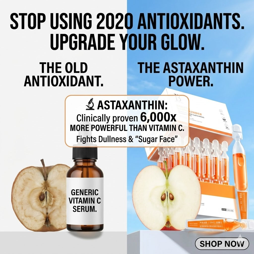 Advertisement for a vitamin C serum with astaxanthin, showing a bottle and packaging on a white and blue background.