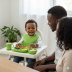 Child in a high chair with a green bib eating snacks, surrounded by adults in a bright room.