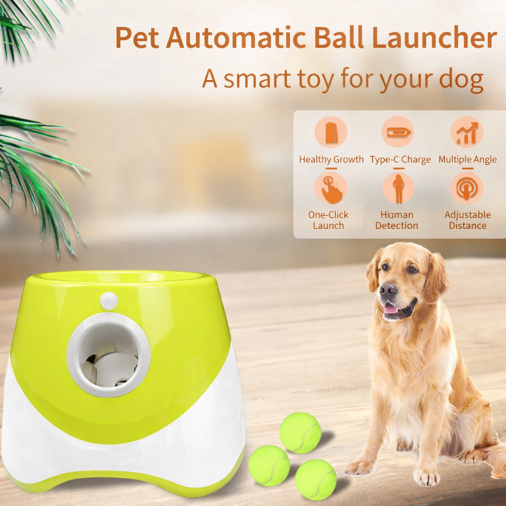 Pet Automatic Ball Launcher with a dog and tennis balls on a wooden floor.