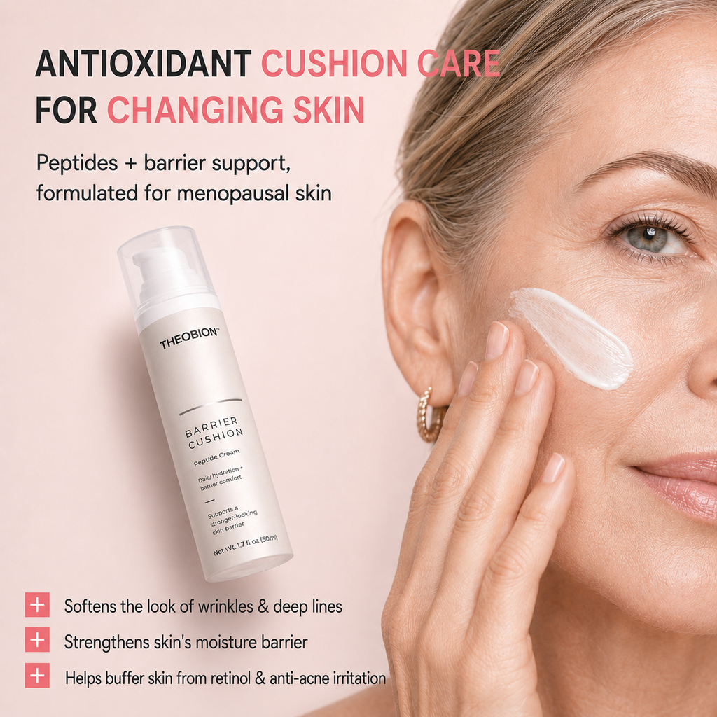 Theomion Barrier Cushion anti-oxidant cushion care pump bottle shown next to a woman applying cream to her face, with text highlighting benefits for changing skin and menopausal skin.