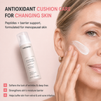 Theomion Barrier Cushion anti-oxidant cushion care pump bottle shown next to a woman applying cream to her face, with text highlighting benefits for changing skin and menopausal skin.