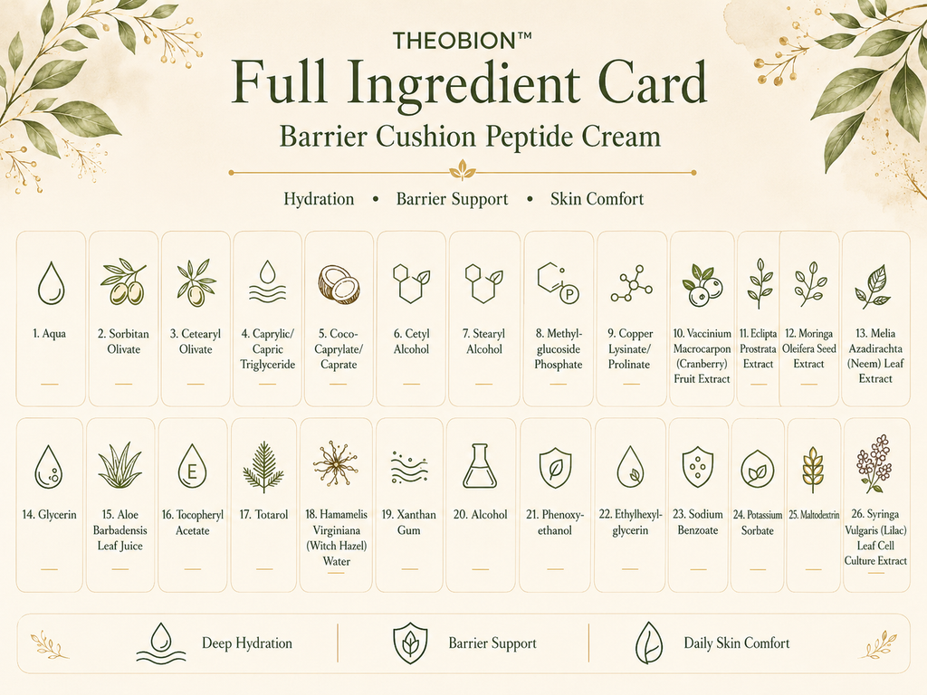 Theobion Full Ingredient Card for Barrier Cushion Peptide Cream, featuring a grid of 26 ingredients with icons and names on a light beige background with botanical illustrations.