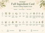 Theobion Full Ingredient Card for Barrier Cushion Peptide Cream, featuring a grid of 26 ingredients with icons and names on a light beige background with botanical illustrations.