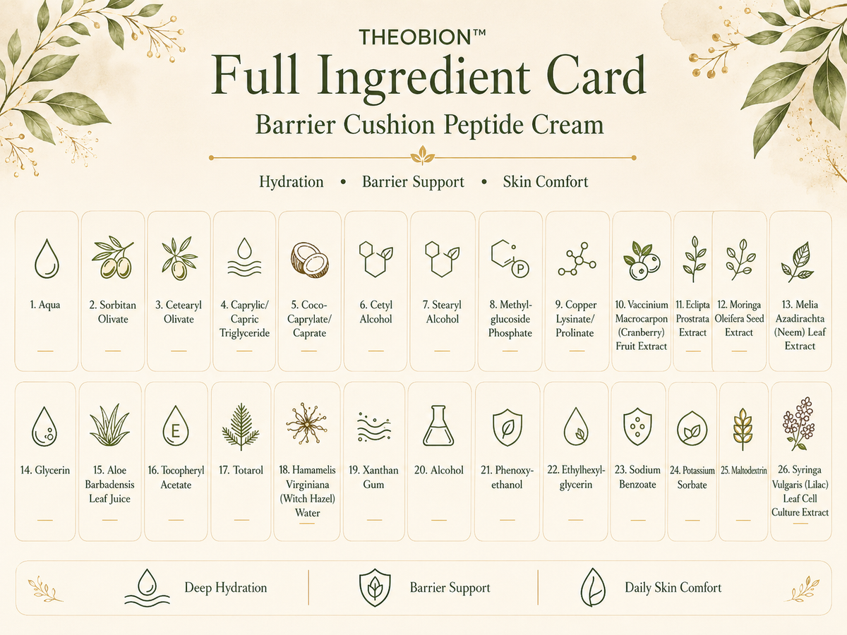 Theobion Full Ingredient Card for Barrier Cushion Peptide Cream, featuring a grid of 26 ingredients with icons and names on a light beige background with botanical illustrations.